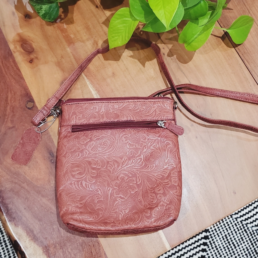 Floral BUENO Leather Redrose Embossed Crossbody Bag